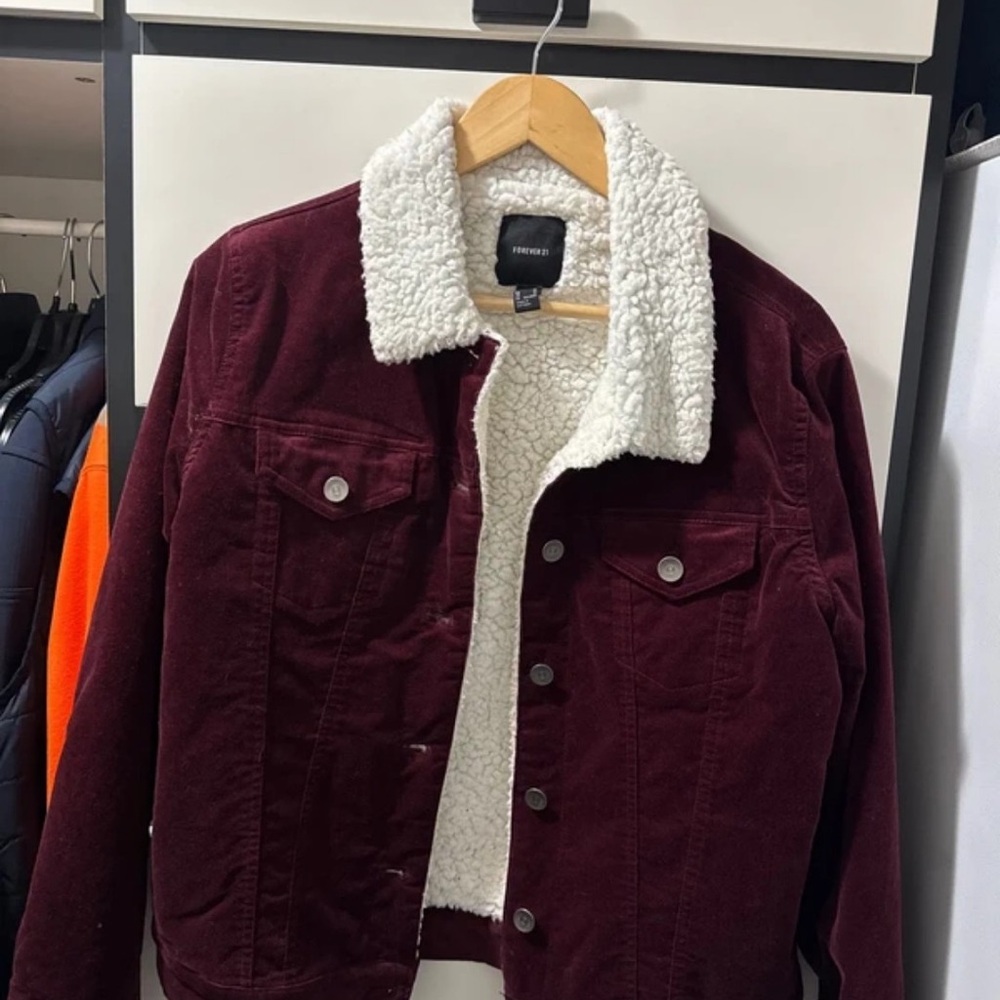 Forever 21 Burgundy Utility Jacket with White Sherpa Lining